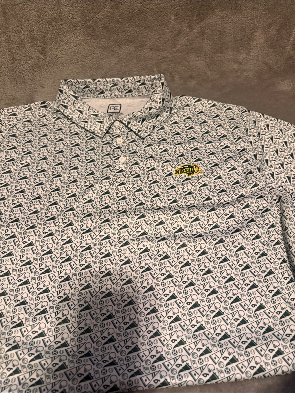 Pro Edge White Polo with Green Geometric Print and Yellow NDSU Patch